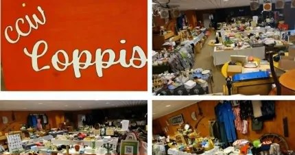 Bildkollage med röd skylt med texten “cwi Loppis” samt vyer över en fullpackad loppismarknad inomhus..