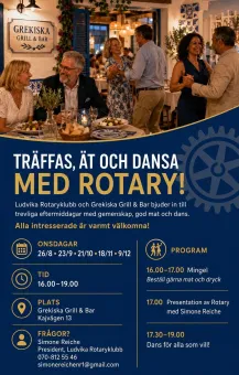 Affisch för Rotaryträff på Grekiska Grill & Bar med personer som äter och dansar i en restaurangmiljö..