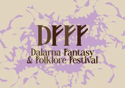 Grafisk affisch med texten “DFFF” och “Dalarna Fantasy & Folklore Festival” på ljus bakgrund med lila mönster..