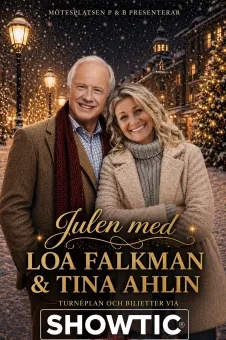 Affisch med leende man och kvinna i vinterkläder på snöig gata med lyktor, byggnader och julgran i bakgrunden..