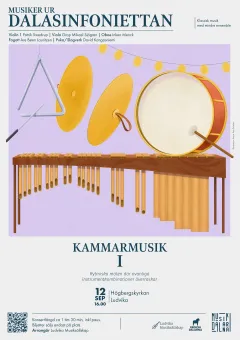 Illustrerad konsertposter med slagverksinstrument som triangel, cymbaler, bastrumma och träslagverk mot lila bakgrund..