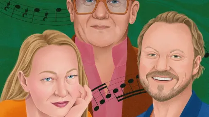 Digital illustration av tre personer i porträtt, med noter på en grön bakgrund och varma färger i kläderna..