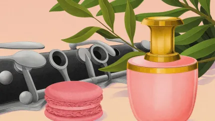Illustration av rosa parfymflaska med guldkork, rosa makron, en klarinett och gröna blad mot ljus bakgrund..