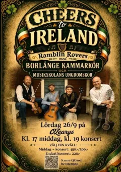Dekorativ affisch med texten “Cheers to Ireland” och fyra musiker med gitarrer och banjo framför en trävägg..