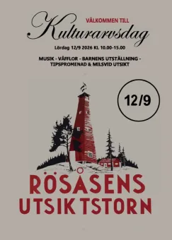 Affisch med text om Kulturarvsdag och en illustration av ett rött utsiktstorn med träd och små hus..