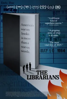 Filmaffisch med en öppen bok mot blå bakgrund, citattext, festivalemblem och titeln ”THE LIBRARIANS” samt låga..