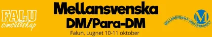 Gul banner med texten ”Mellansvenska DM/Para-DM” samt ”Falun, Lugnet 10-11 oktober” och två logotyper..