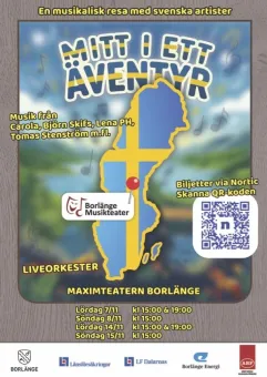 Reklamaffisch för ”Mitt i ett äventyr” med Sverigekarta i blått/gult, noter, QR-kod och biljettinfo..