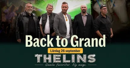 Affisch med fem män i mörka kläder framför grön ljuseffekt och stor text för ett bandnamn och datum..