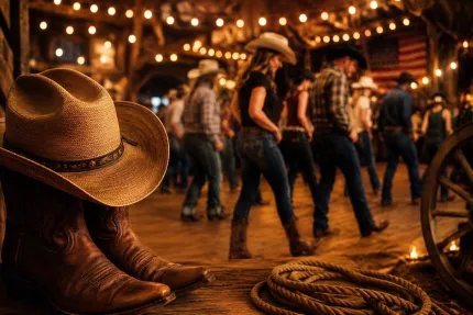 Cowboyhatt och läderstövlar i förgrunden, människor som dansar i en rustik lada med varma ljusslingor..
