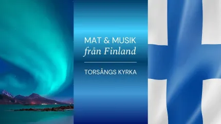 Affisch med norrsken över kustlandskap till vänster, text i mitten och Finlands flagga till höger..