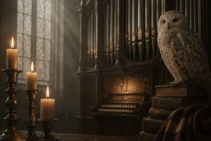 En vit uggla sitter på en stapel gamla böcker i ett mörkt rum med tända ljus, fönster och orgel i bakgrunden..