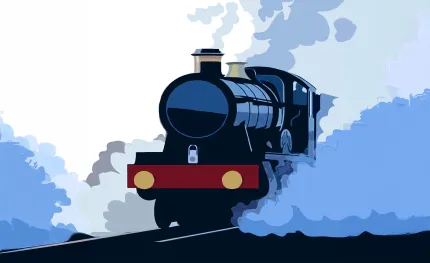 Illustration av ett mörkblått ånglok som kör framåt på räls, omgiven av stora moln av blå rök och ånga.