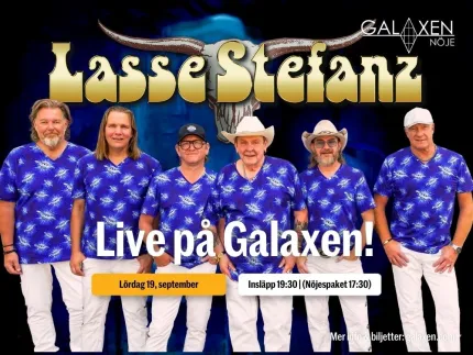 Konsertaffisch med sex män i matchande blå tröjor och vita byxor, med stor rubrik och datuminfo..