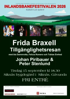 Evenemangsaffisch med landskap, tåg och artistbilder, med stor rubrik om Inlandsbanefestivalen 2026..