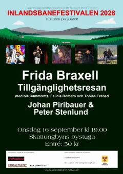 Evenemangsaffisch med bergslandskap, små artistbilder och stor text om Inlandsbanefestivalen 2026 och tider..