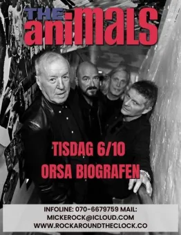 Svartvit affisch med fyra män i en trappa och texten “THE animals” samt datum och platsinformation..