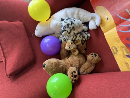 Flera gosedjur ligger på en röd soffa tillsammans med gula, lila och gröna ballonger samt en färgglad påse..