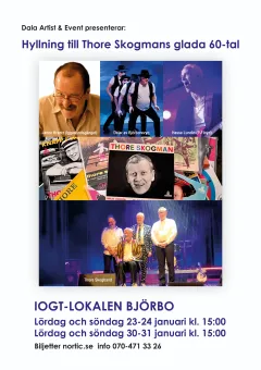 Svensk evenemangsaffisch med artistbilder, skivomslag och scenfoto för hyllning till Thore Skogmans 60-tal..
