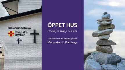 Kollage med kyrkfasad med skyltar och kors, lila ruta med text om öppet hus, samt stenröse vid hav..