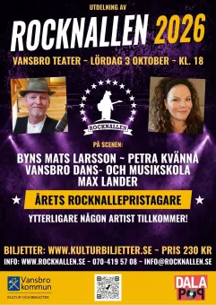 Lila konsertannons för Rocknallen 2026 med två porträtt, logotyp, sceninfo, biljettinfo och QR-kod..