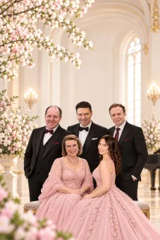 Fem personer poserar i formella kläder i en ljus sal med blommande grenar, höga fönster och ljuskronor.
