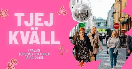 Rosa affisch med texten ”TJEJ KVÄLL” och foto av kvinnor som går på en stadsgata, med discokula..