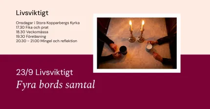 Affisch med svensk text och foto ovanifrån av ett bord med två tända ljus och två händer med koppar..