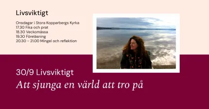 Affisch med text om evenemanget Livsviktigt och ett foto av en kvinna vid en spegelblank sjö..