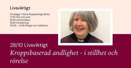 Informationsaffisch med text om program i kyrka och porträttfoto av en leende person med prästkrage..