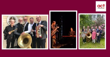 Kollage med jazzmusiker: grupp med blåsinstrument, en scenbild med saxofonist och keyboard, samt ensemble i trädgård..
