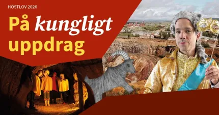 Grafisk affisch med text, en person i historisk dräkt, en gruvgång med hjälmar, samt ett dagbrott i bakgrunden..