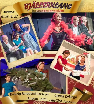 Färgstark affisch med scenbilder från en julshow, med artister på scen samt guldband och rubriker..