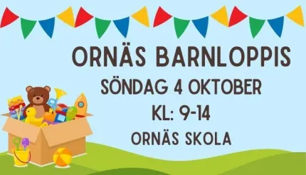 Illustrerad affisch med vimplar, text om barnloppis och en kartong med leksaker på grön bakgrund..