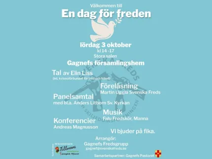Turkos affisch med vit text för evenanget ”En dag för freden” och en vit duva med olivkvist..