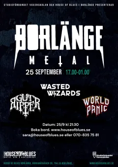 Mörk konsertposter med stor text ”Borlänge Metal”, datum 25 september, tider och bandlogotyper..