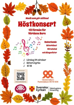 Illustrerad affisch med höstlövram, text om höstkonsert till förmån för Världens Barn samt noter och QR-kod..