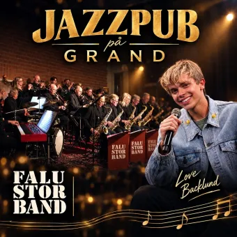 Konsertaffisch med stor jazzorkester på scen och en leende sångare med mikrofon till höger..