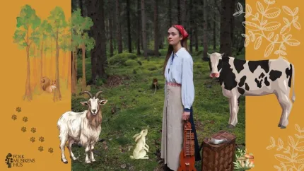 Kvinna i folkdräkt står i en mossig skog med en stråkinstrumentlåda och en kista, omgiven av djurillustrationer..