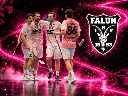 Fyra innebandyspelare i rosa matchställ står tillsammans på neonrosa bakgrund, med Falun IBF-logga till höger..