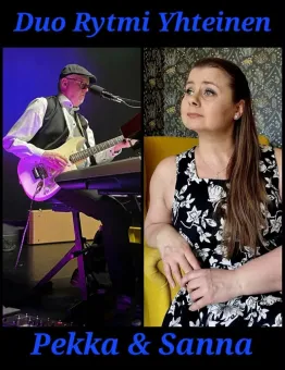 Delad bild: man spelar elgitarr och sjunger vid mikrofon på scen, kvinna sitter i gul fåtölj och ser uppåt..
