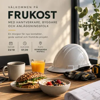 Affisch om frukostträff med kaffe, smörgås och skål med bär på bord bredvid vit hjälm och handskar..