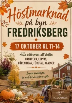 Affisch för höstmarknad i Fredriksberg med datumruta, höstlöv och bild av byväg med pumpor och korg..