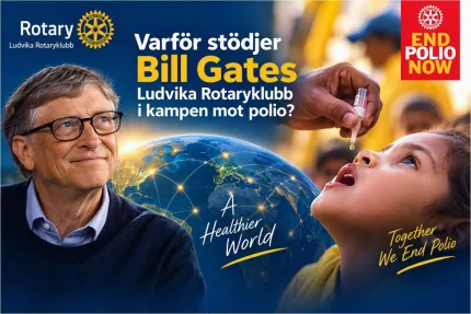 Affisch med man i glasögon, jordglob och barn som får droppvaccin, med Rotary- och End Polio Now-logotyper..