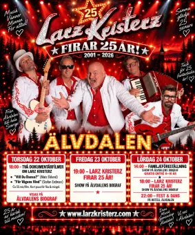 Röd konsertposter med bandet Larz Kristerz, 25-årsjubileum, scenljus, instrument och evenemangstider..