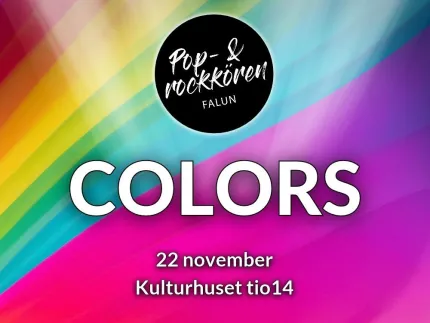 Färgglad affisch med diagonala regnbågsfält, en rund logotyp och texten "COLORS" samt datum och plats..
