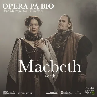 Affisch för opera på bio: två personer i historiska kostymer står mot grå bakgrund med titeln Macbeth..
