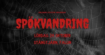 Mörk affisch med spindelnät i närbild och stor röd rubriktext samt mindre röd text under..