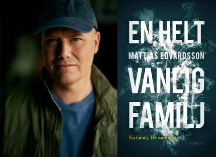 Porträtt av en man i keps till vänster och ett bokomslag med stor vit text och rökig bakgrund till höger..