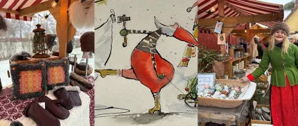 Kollage med marknadsstånd i snö, en julig illustration i rött samt en kvinna vid ett hantverksbord..